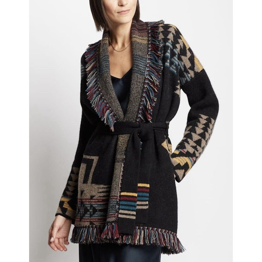 Pendleton Skamania Peru 100% Baby Alpaca Cardigan Wrap Fringe Sweater Aztec S